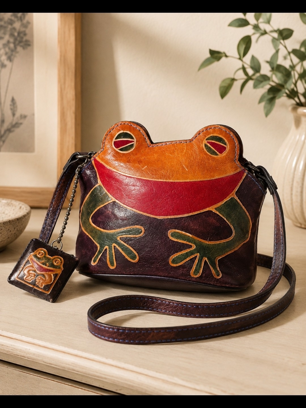 Whimsical Frog Leather Crossbody Bag in Multi-Color